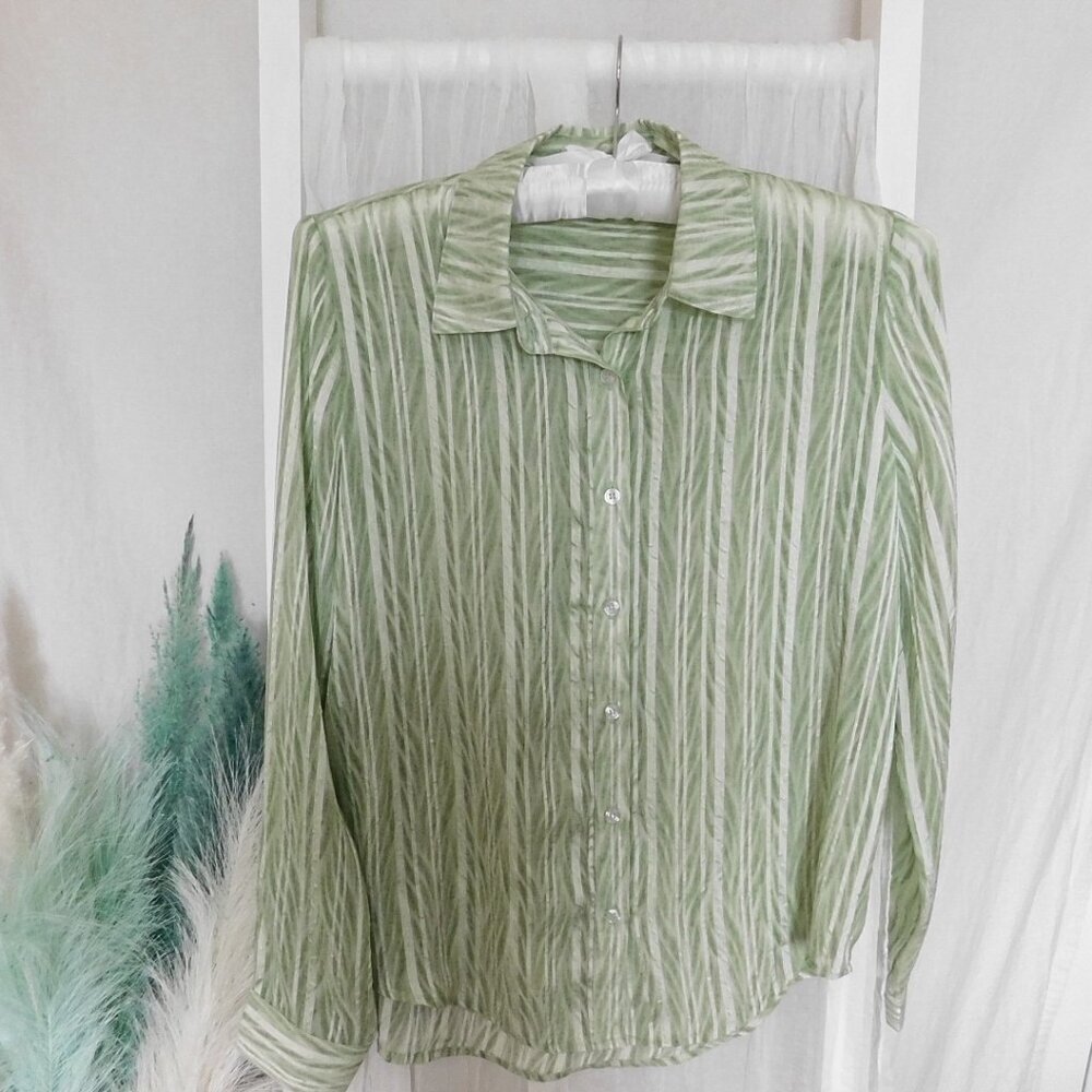 Francesca's Collection | Sheer Button Up Zebra Print Blouse | Green | Size Small
